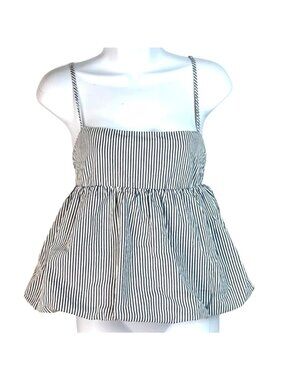 Derek Heart White Navy Striped Poplin Bubble Babydoll Peplum Tank Top Size M